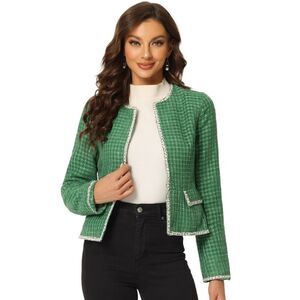 Plaid Tweed Blazer Long Sleeve Open Front Workwear Short Jacket Green